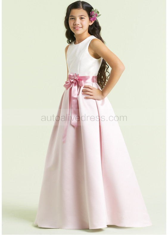 Sleeveless Satin Flower Sash Floor Length Junior Bridesmaid Dress